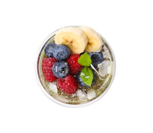 Photo of Tasty chia smoothie with fruits and mint on white background, top view. Healthy breakfast