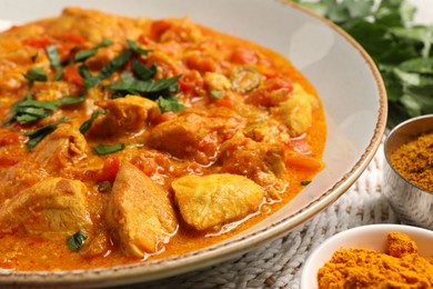 Photo of Delicious chicken curry and spices on table, closeup