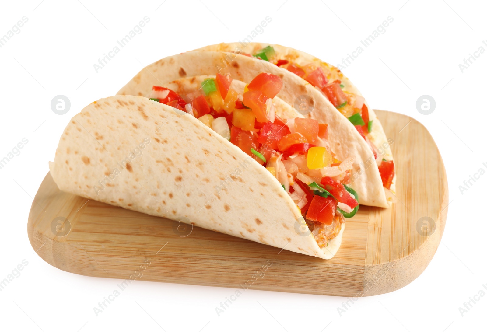 Photo of Delicious tacos with vegetables isolated on white