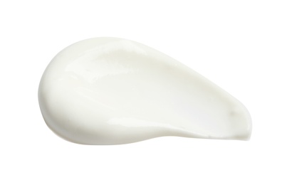 Photo of Sample of creamy yogurt on white background