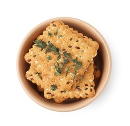 Cereal crackers with flax, sesame seeds and thyme in bowl isolated on white, top view