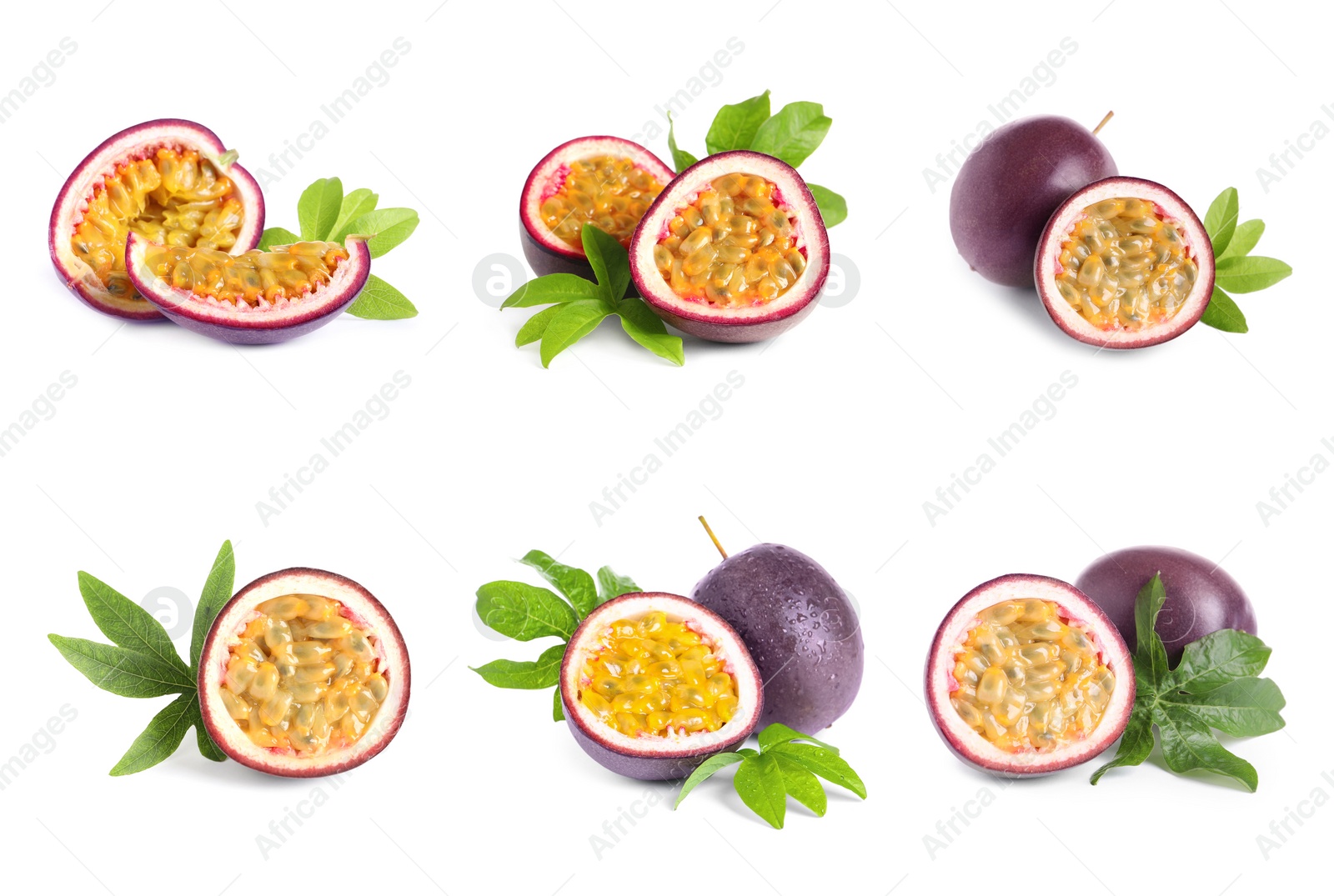 Image of Set with delicious passion fruits on white background