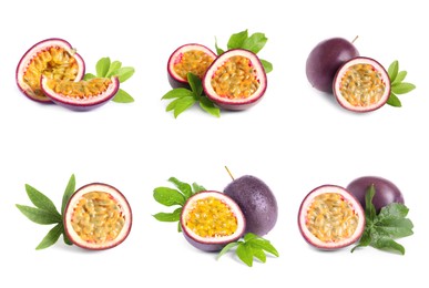 Image of Set with delicious passion fruits on white background