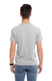 Young man in t-shirt on white background. Mock up for design