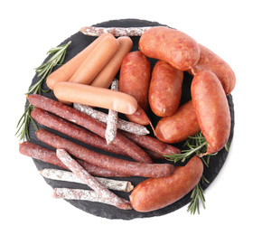 Photo of Slate plate with different tasty sausages isolated on white, top view