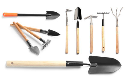 Set of different gardening tools on white background