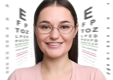 Vision test. Woman in glasses and eye chart on white background