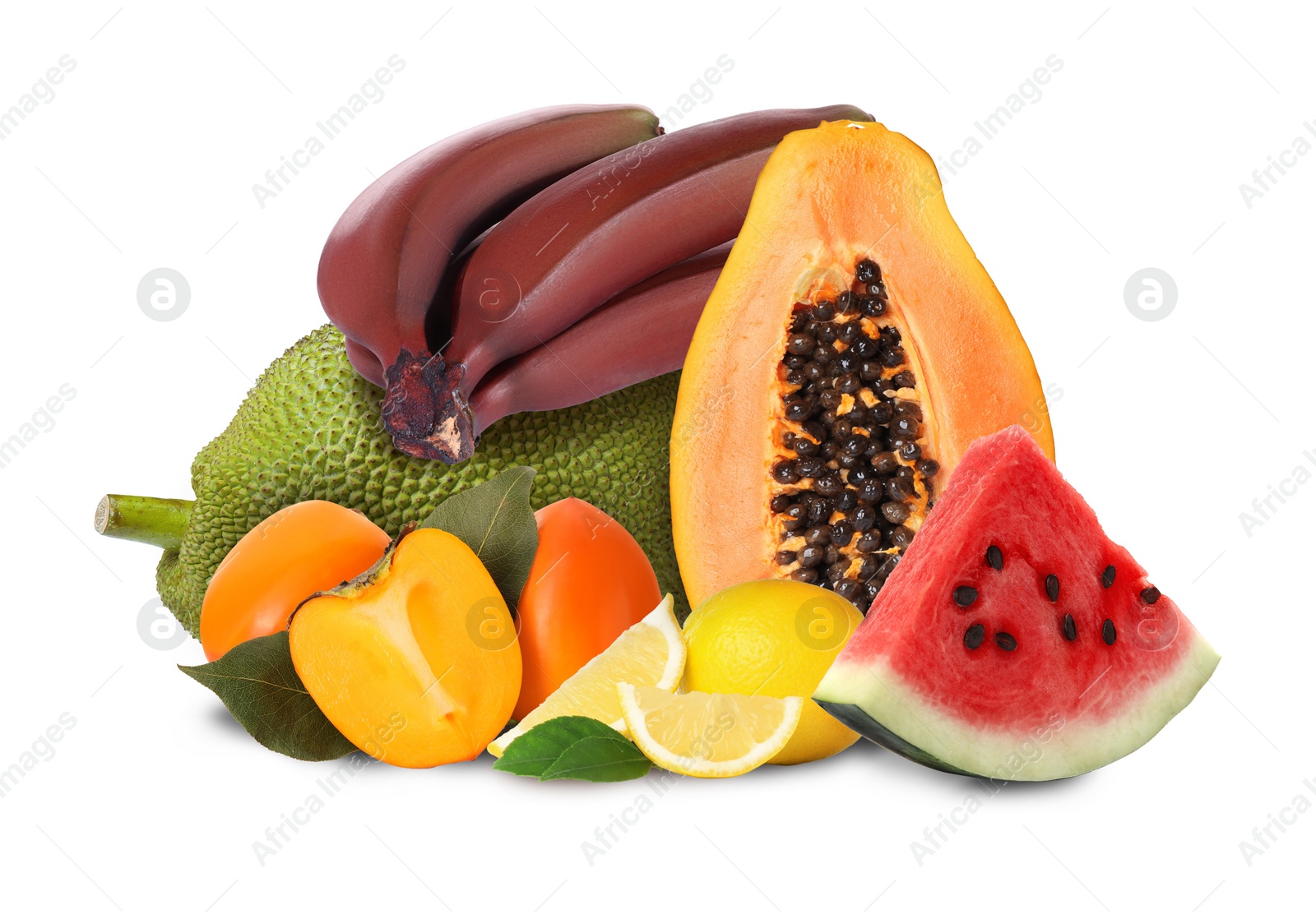 Image of Many different fresh fruits on white background