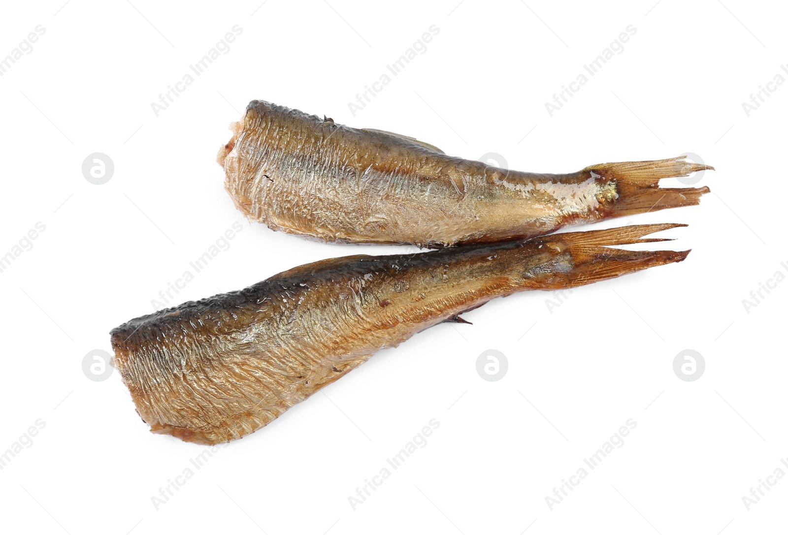 Photo of Tasty canned sprats isolated on white, top view