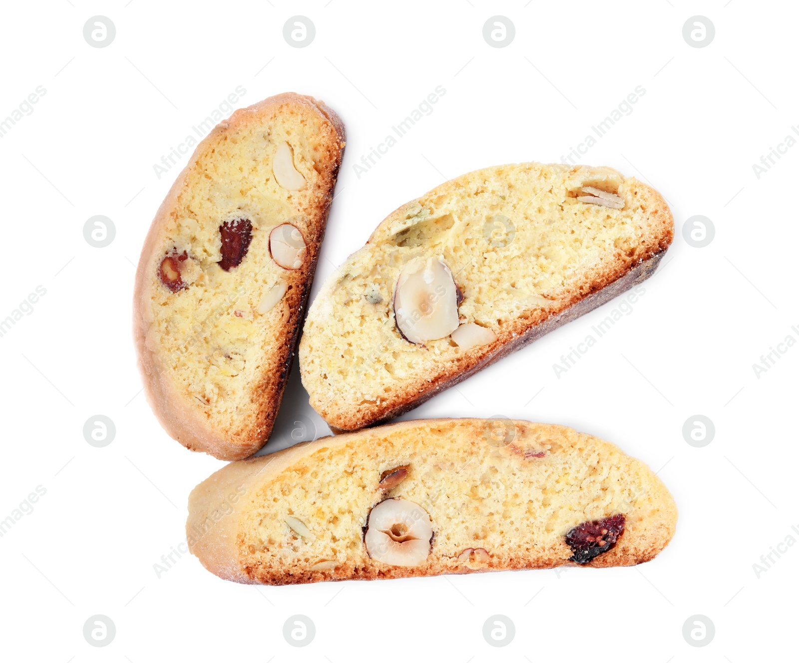 Photo of Slices of tasty cantucci with berry and pistachio on white background, top view. Traditional Italian almond biscuits