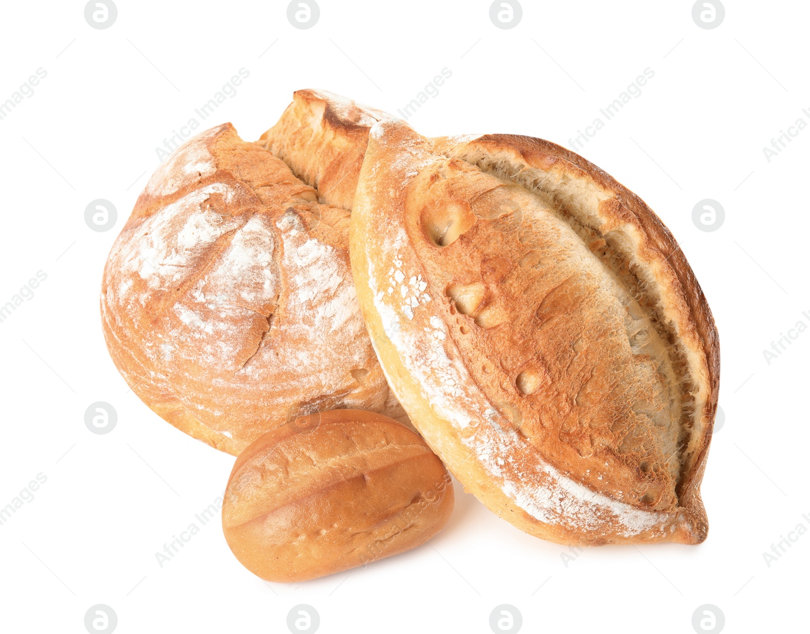 Photo of Fresh wheat bread loaves on white background