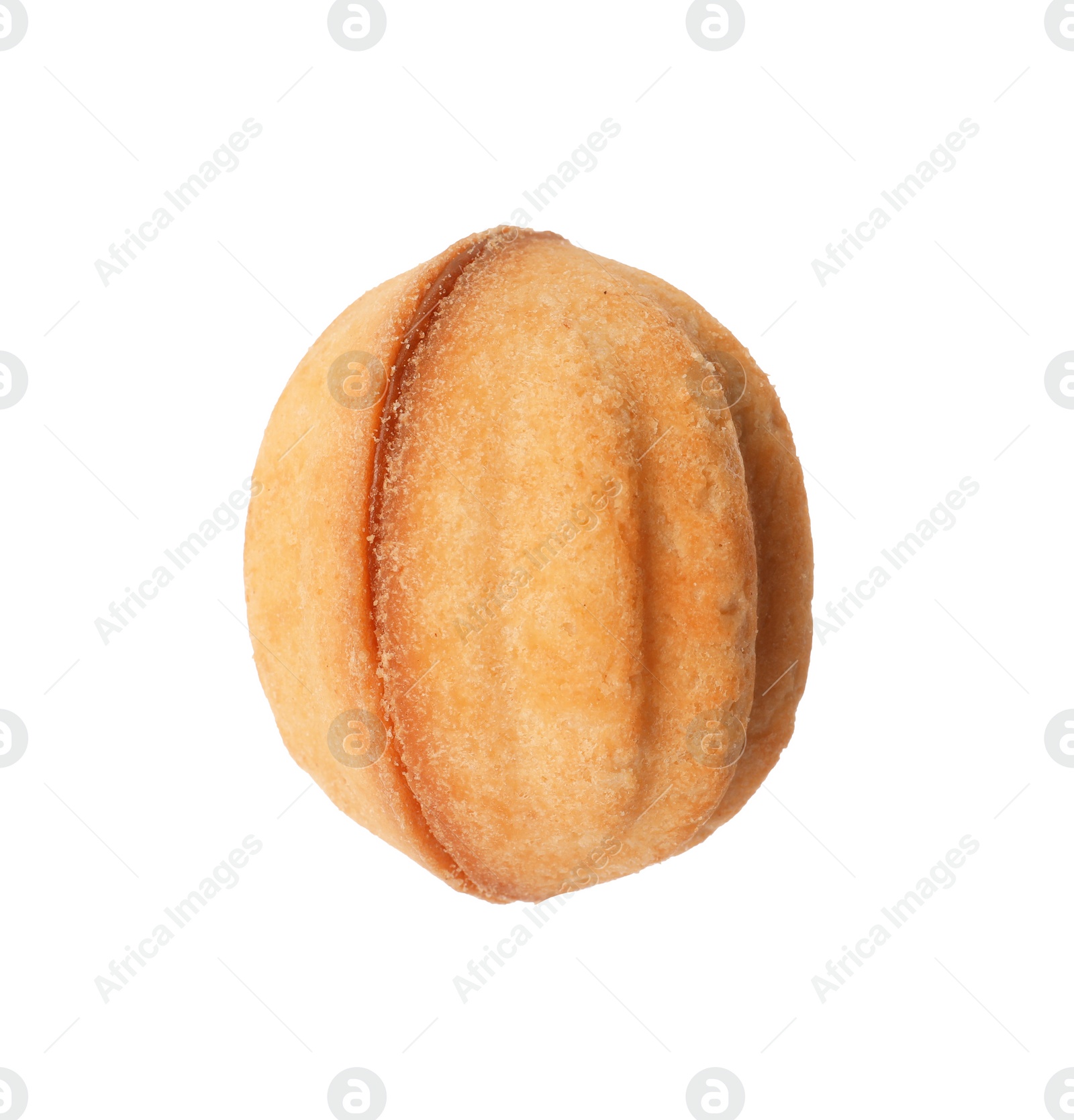 Photo of Delicious nut shaped cookie with condensed milk isolated on white