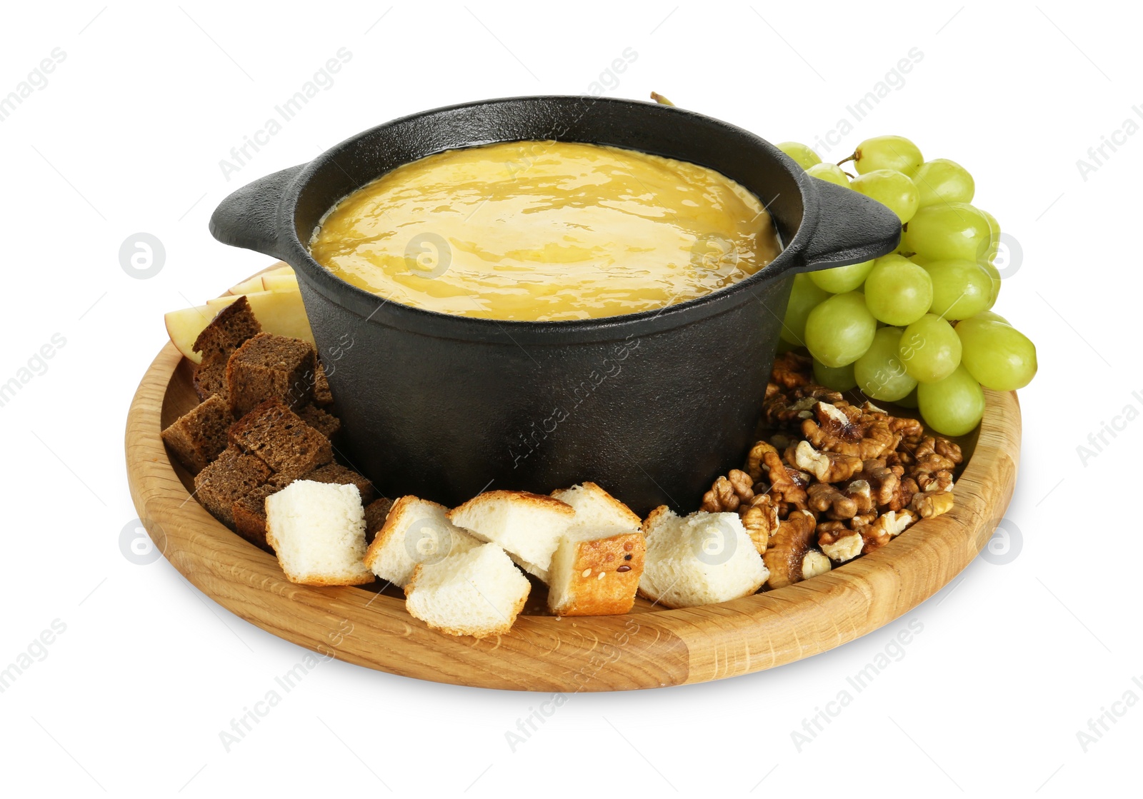 Photo of Fondue with tasty melted cheese and different products isolated on white