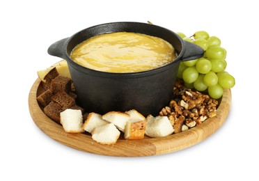 Photo of Fondue with tasty melted cheese and different products isolated on white