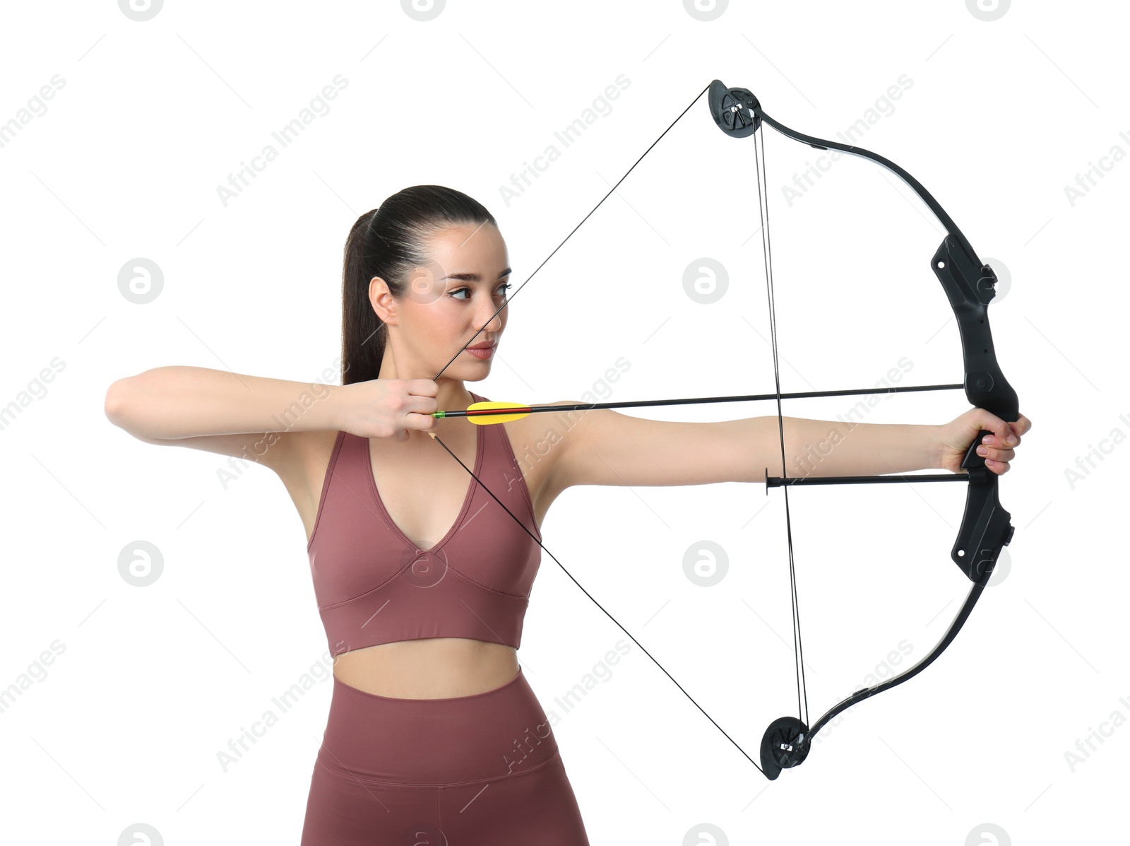 Photo of Sporty young woman practicing archery on white background