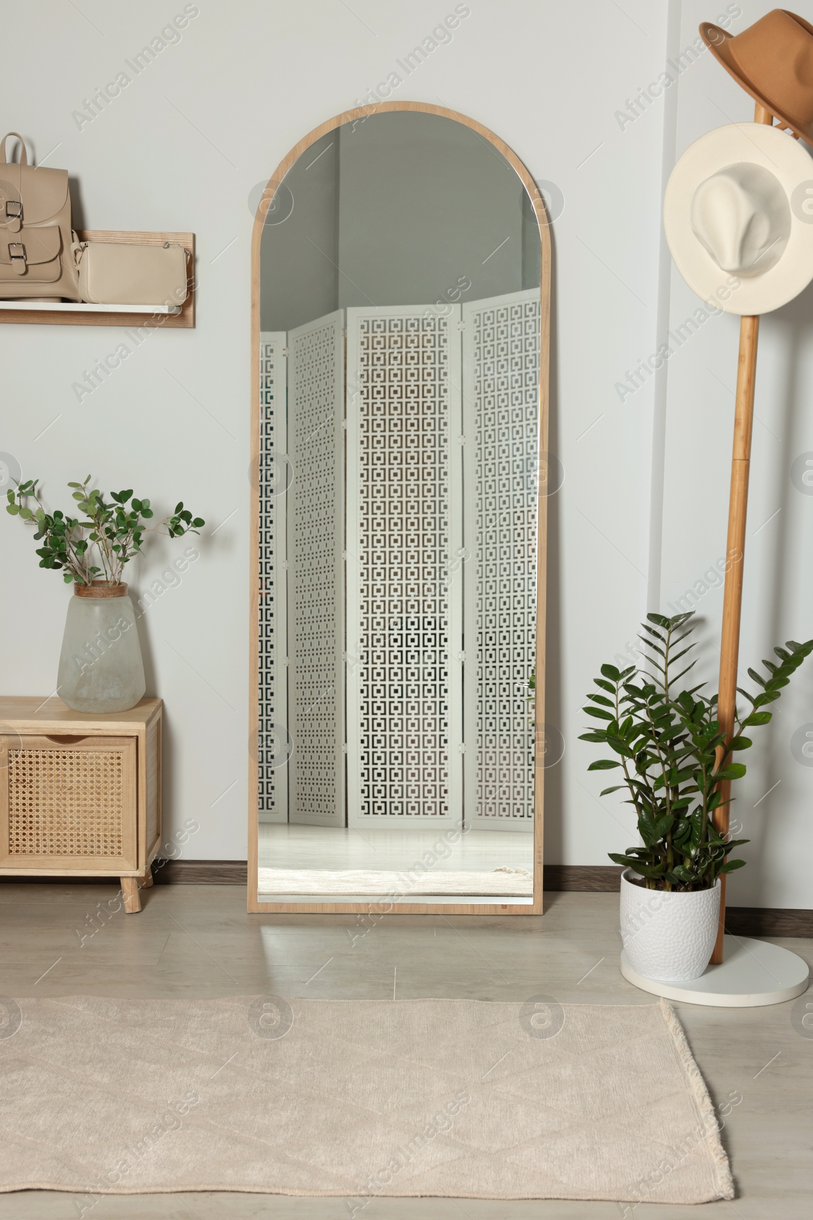 Photo of Modern hallway room interior with large mirror and beautiful plants