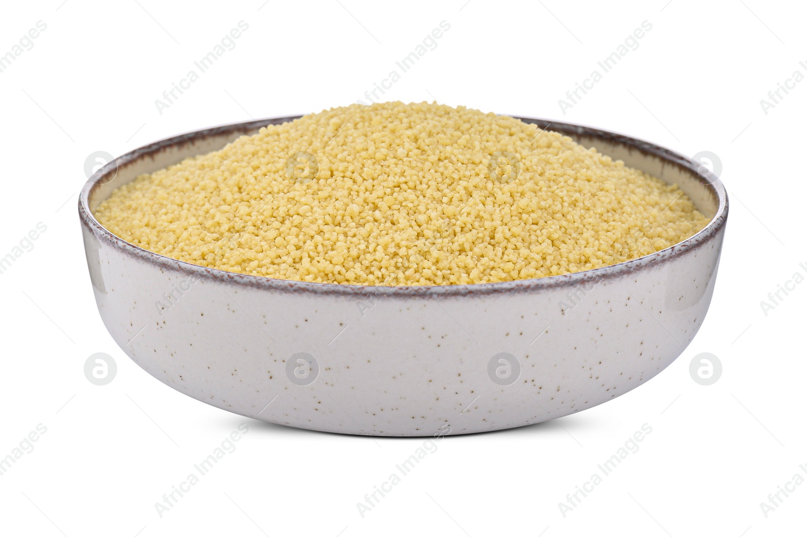 Photo of Bowl of raw couscous isolated on white