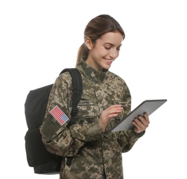 Photo of Female cadet with backpack and tablet isolated on white. Military education