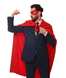 Photo of Confident businessman wearing red superhero cape and mask on white background