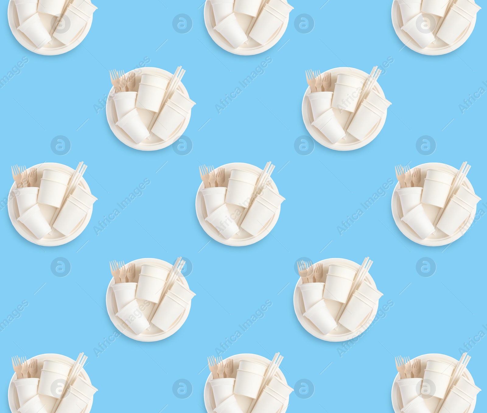 Image of Many disposable paper tableware on turquoise background, flat lay. Seamless pattern design