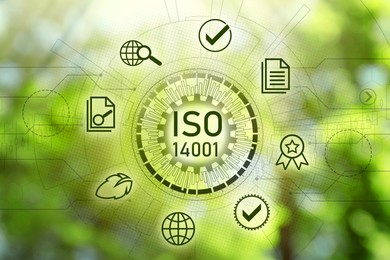 Image of International Organization for Standardization (ISO 14001). Different virtual icons on blurred green background