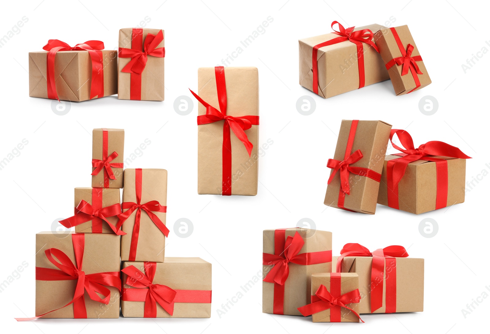 Image of Set of different Christmas gift boxes on white background