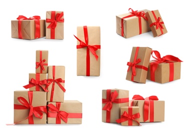 Image of Set of different Christmas gift boxes on white background