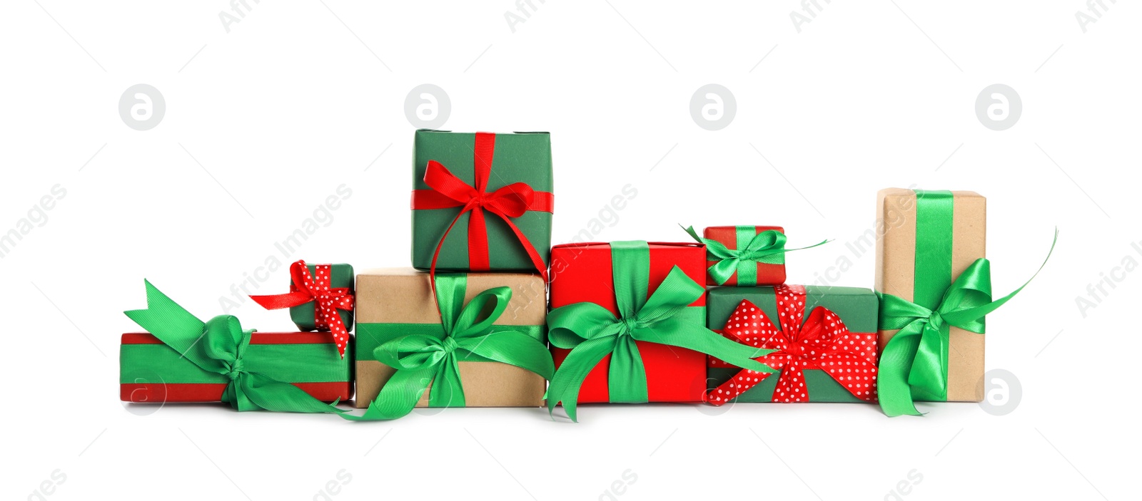 Photo of Many different Christmas gifts on white background