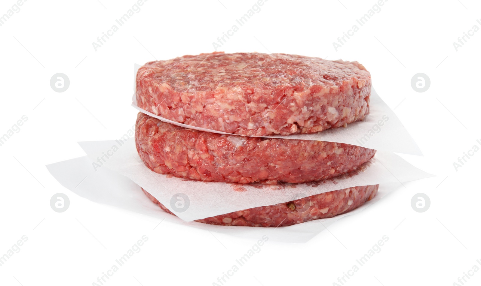 Photo of Stack of raw hamburger patties on white background