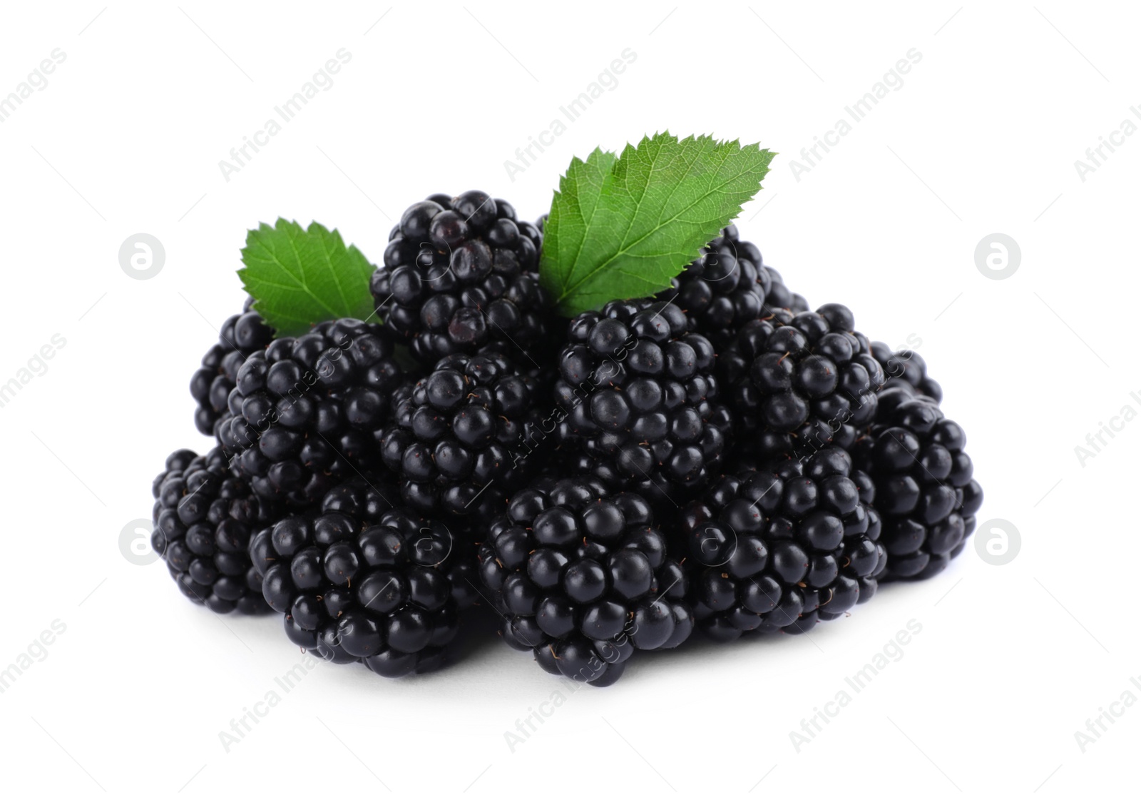 Photo of Tasty ripe blackberries and leaves on white background