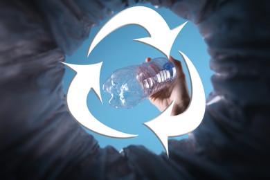 Image of Illustration of recycling symbol and woman throwing plastic bottle into trash bin, bottom view