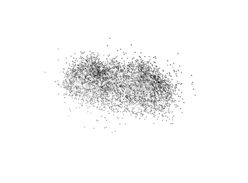 Photo of Heap of shiny silver glitter on white background, top view