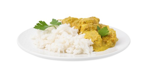 Photo of Delicious rice and chicken with curry sauce isolated on white