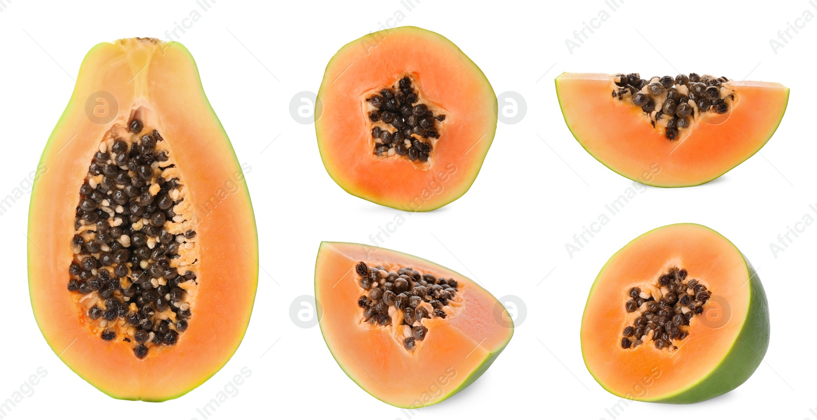 Image of Set with fresh ripe papaya fruits on white background