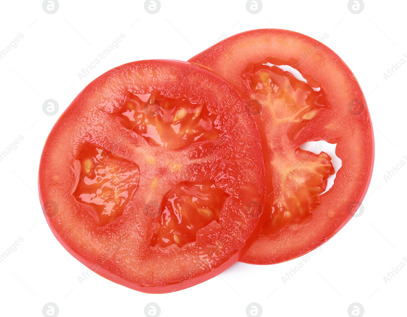 Photo of Slices of tomato for burger isolated on white, top view