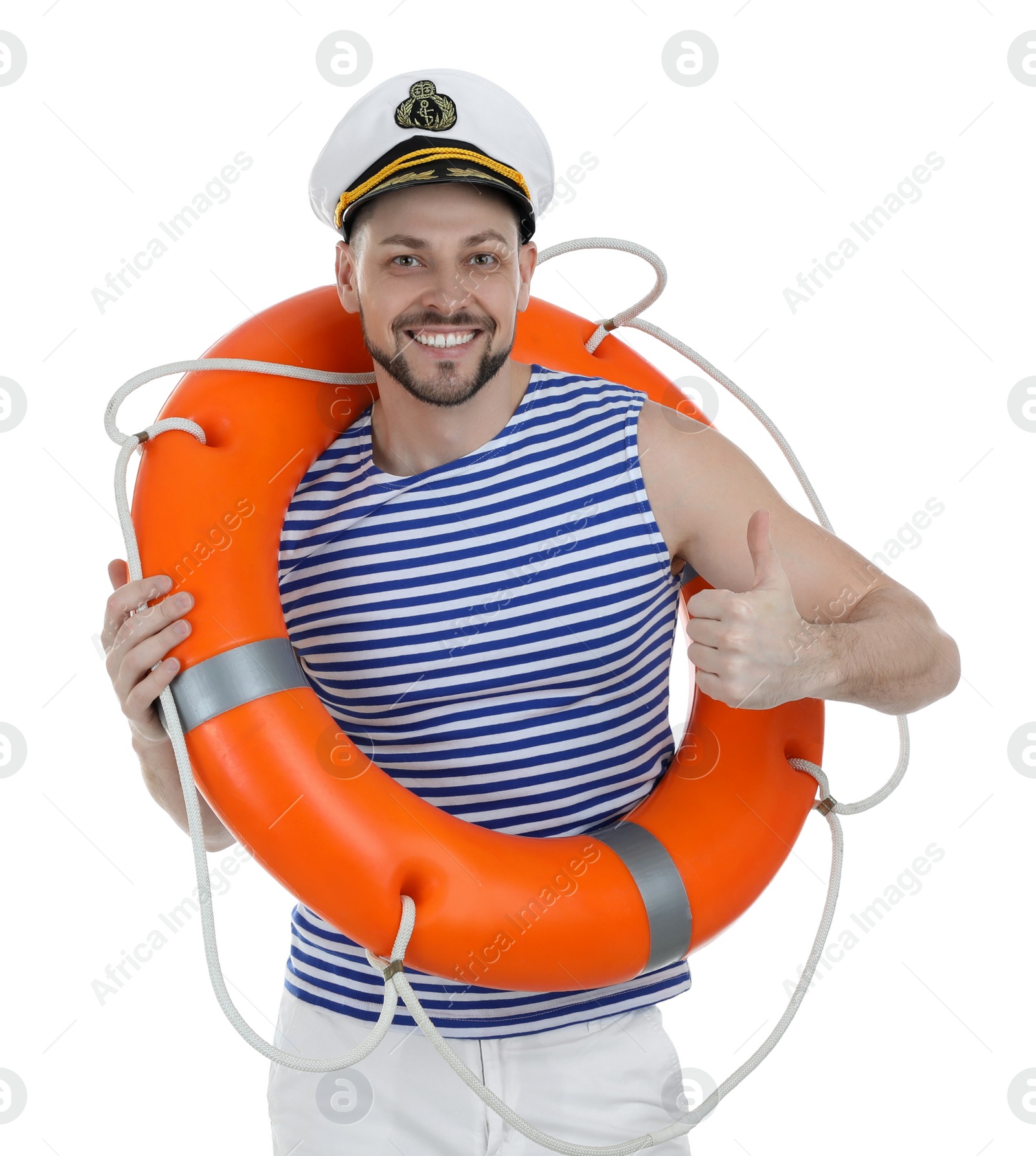 Photo of Happy sailor with orange ring buoy on white background