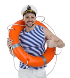 Photo of Happy sailor with orange ring buoy on white background