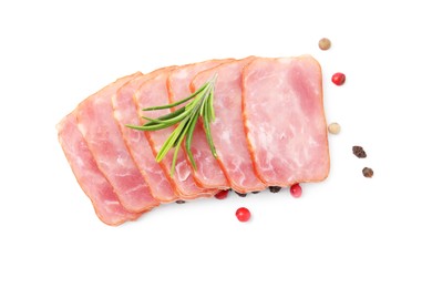 Photo of Slices of delicious smoked sausage with rosemary and pepper isolated on white, top view