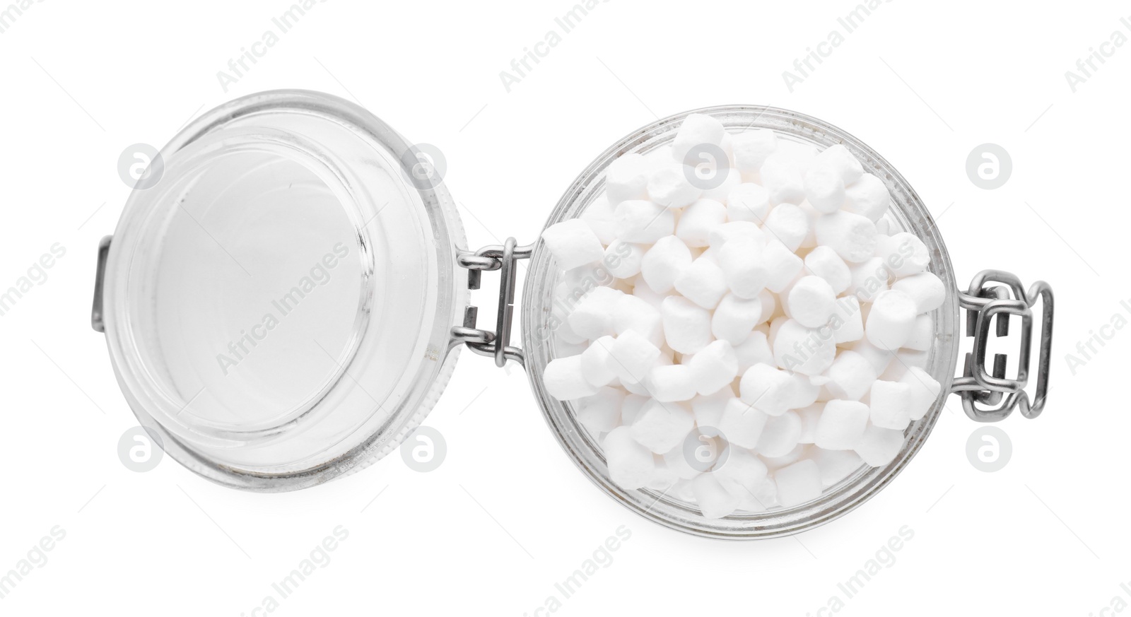 Photo of Jar of sweet puffy marshmallows isolated on white, top view