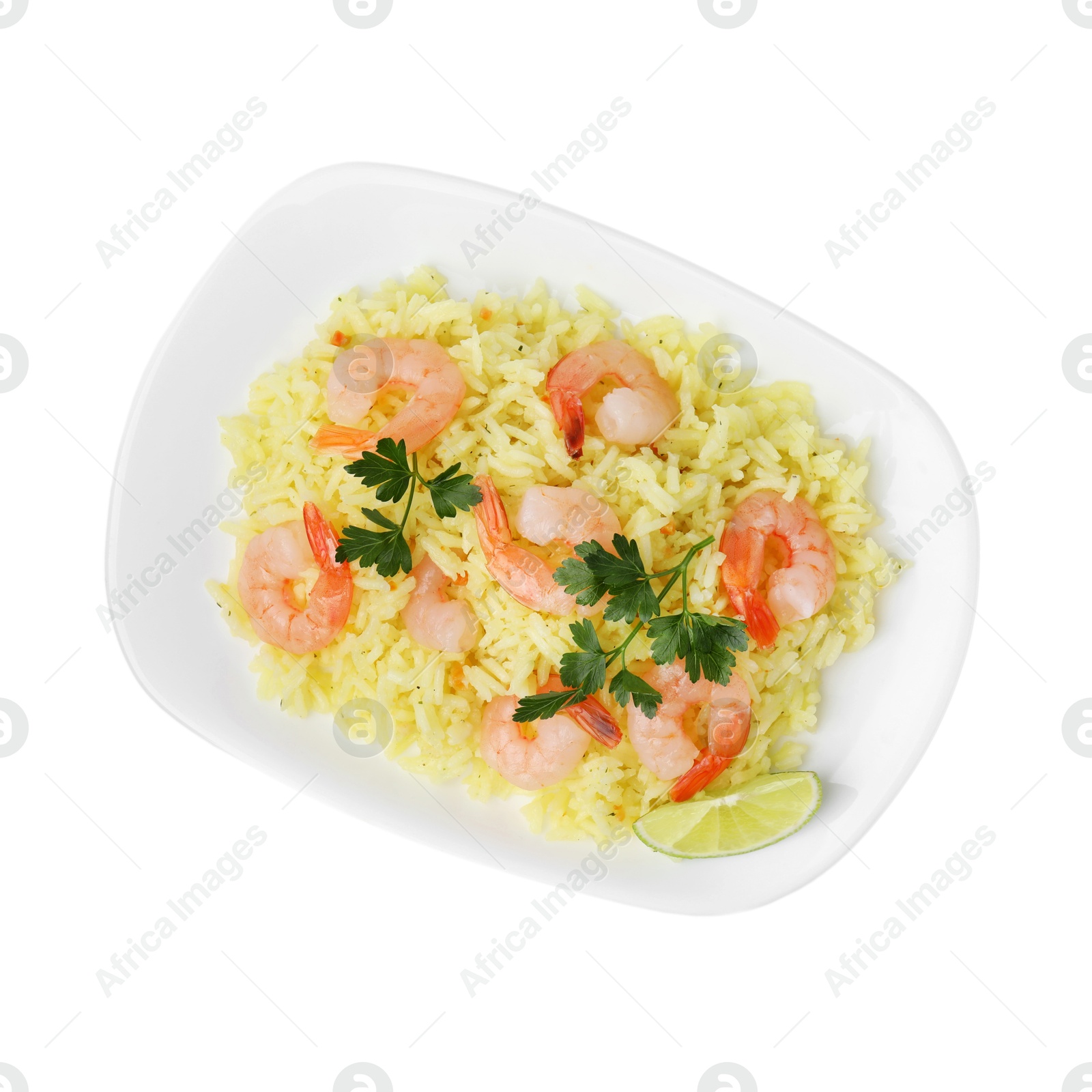 Photo of Delicious risotto with shrimps, lime and parsley isolated on white, top view