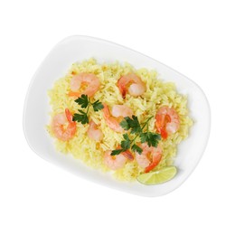 Photo of Delicious risotto with shrimps, lime and parsley isolated on white, top view