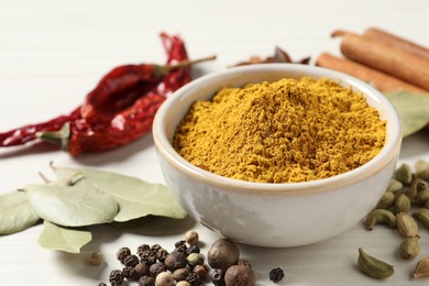 Photo of Curry powder in bowl and other spices on white wooden table, closeup