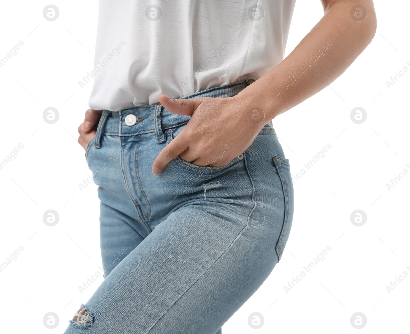 Photo of Woman wearing jeans on white background, closeup