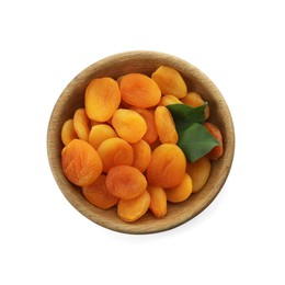 Photo of Wooden bowl with dried tasty apricots isolated on white, top view