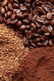 Different types of coffee as background, top view