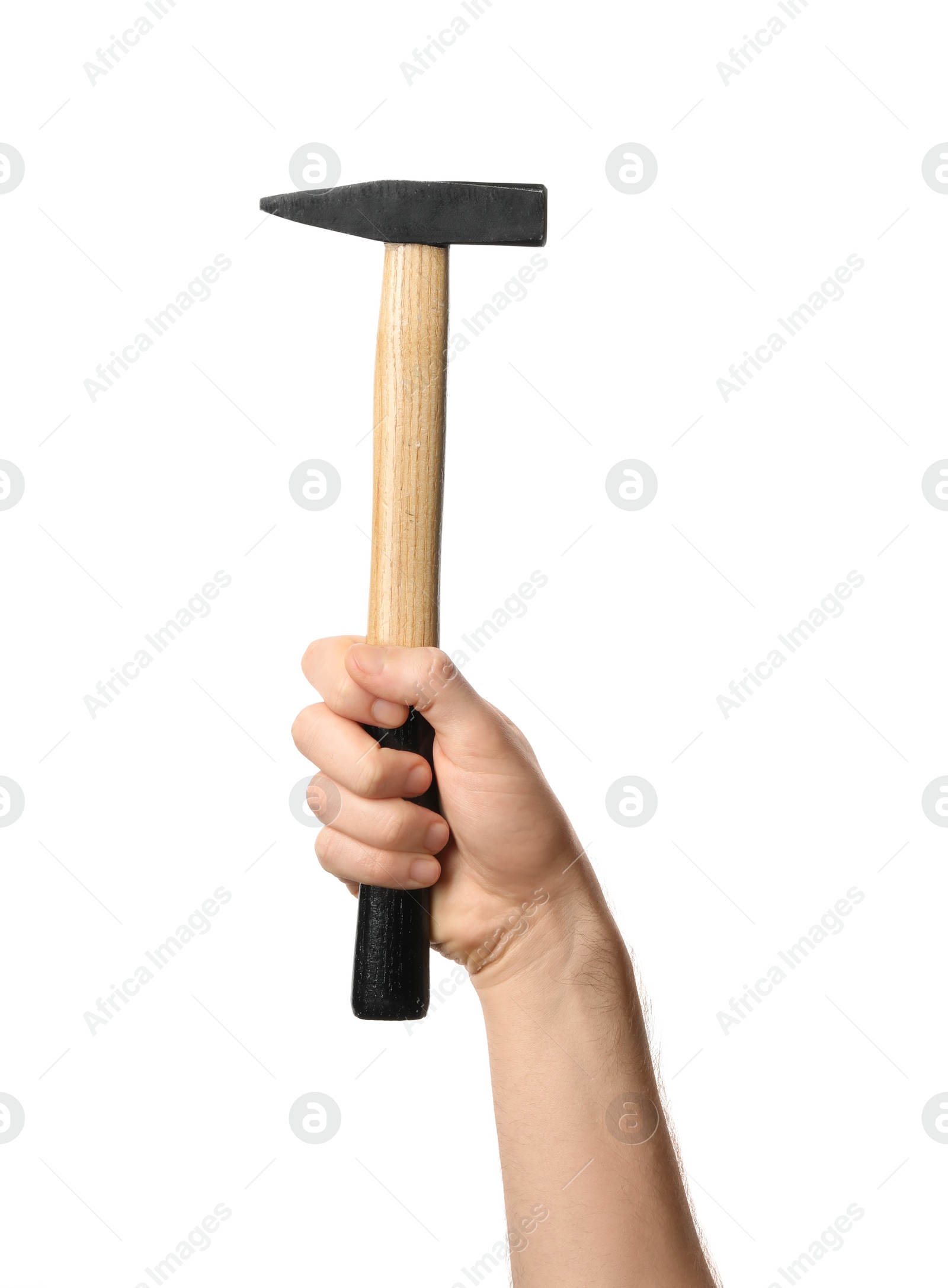 Photo of Man holding hammer isolated on white, closeup