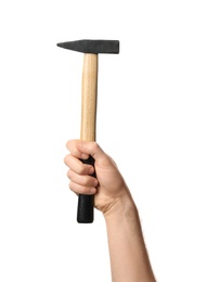 Photo of Man holding hammer isolated on white, closeup