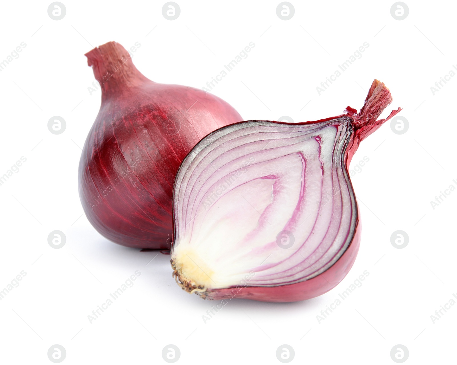 Photo of Ripe red onions on white background