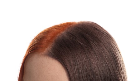 Image of Closeup view of young woman before and after hair dyeing on white background