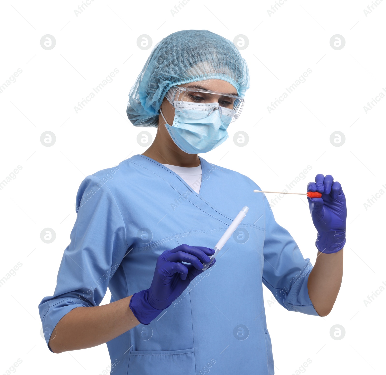 Photo of Laboratory testing. Doctor with cotton swab and tube on white background